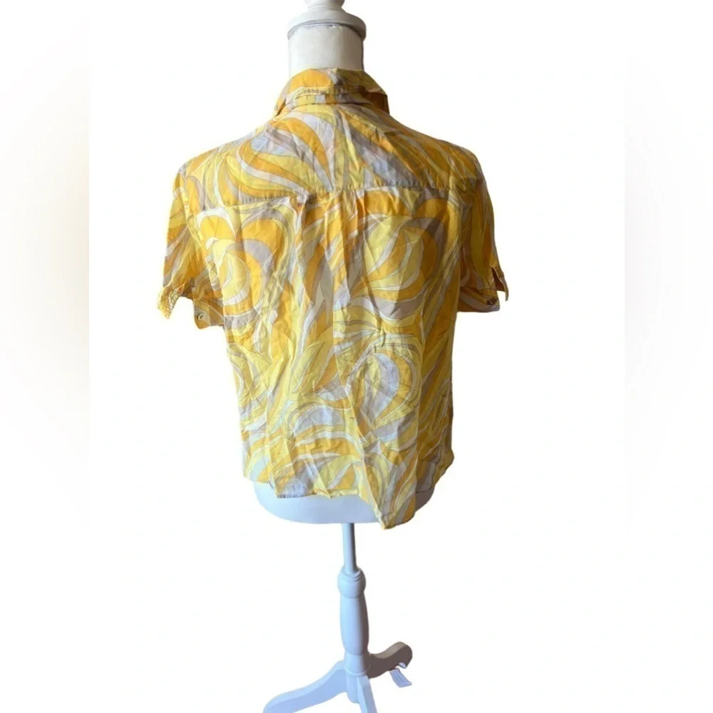 Michael Kors‎ Yellow White Abstract Pattern Short Sleeve Button Blouse